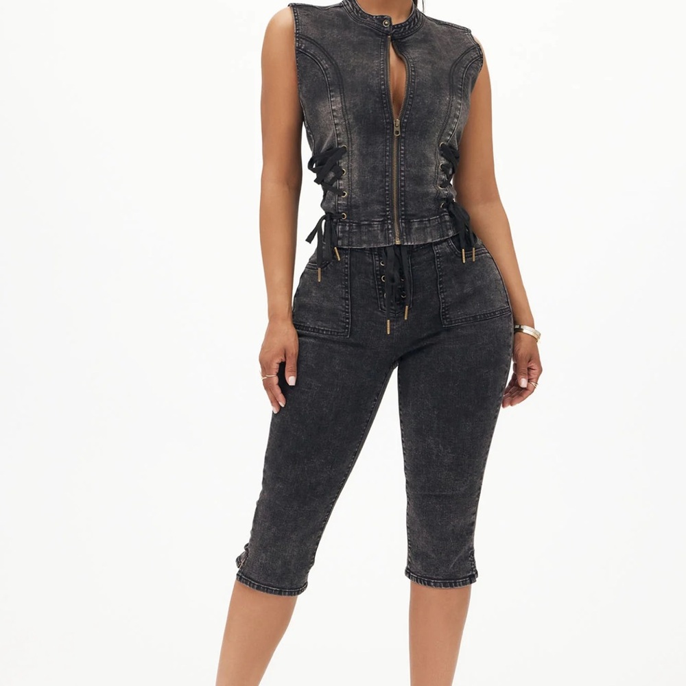 Black Denim Vest and Capri Set